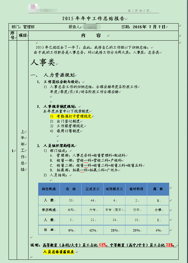 2015年年中工作总结报告