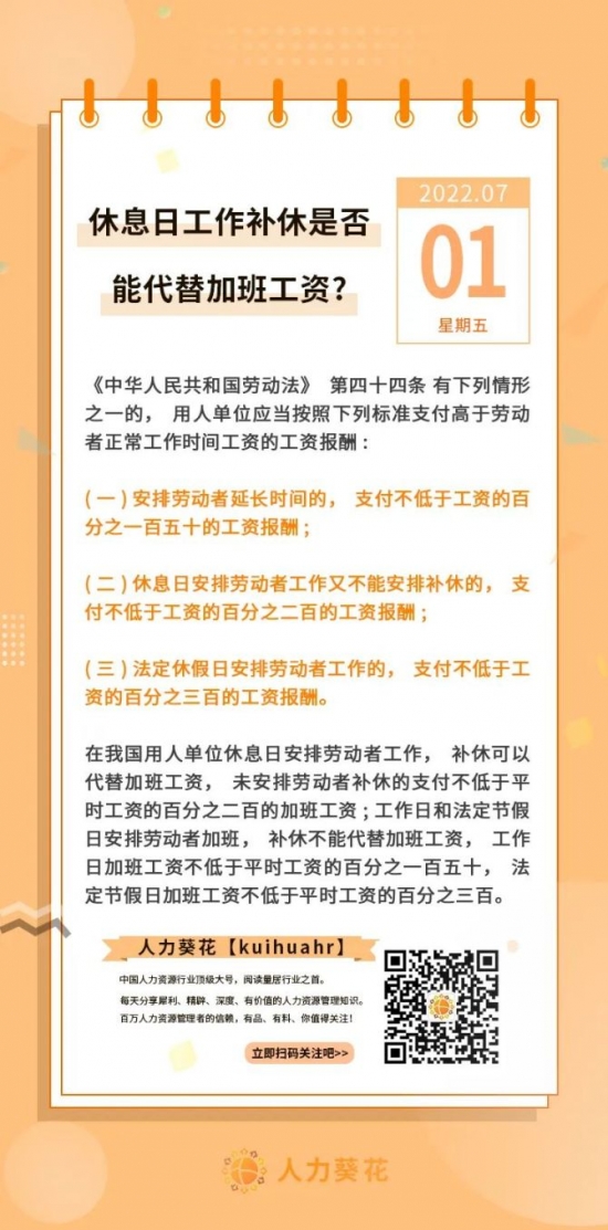人力葵花, 休息日工作补休是否能代替加班工资！