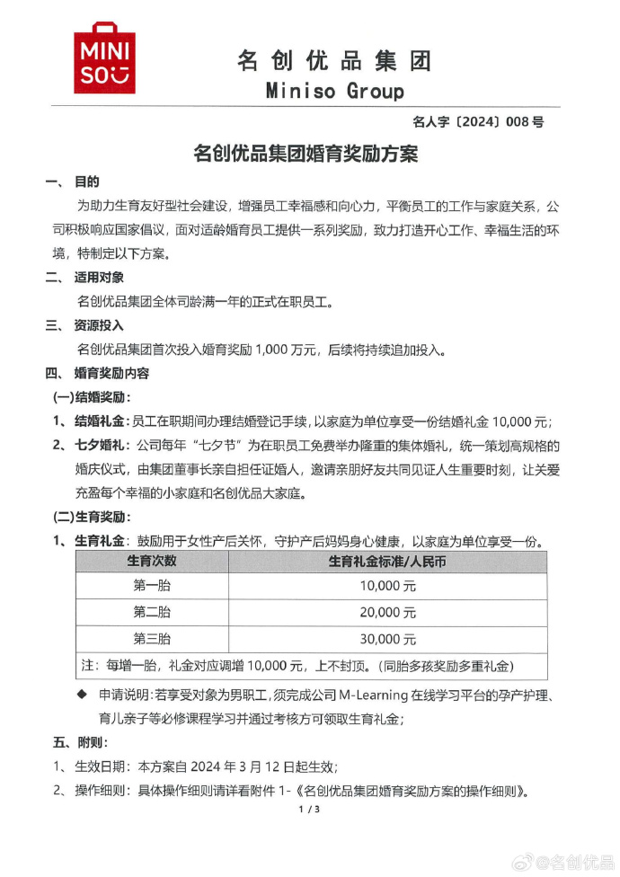 名创优品集团婚育奖励方案