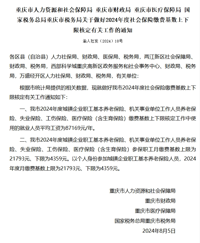 上限21793元、下限4359元 2024年重庆市职工社保缴费基数公布