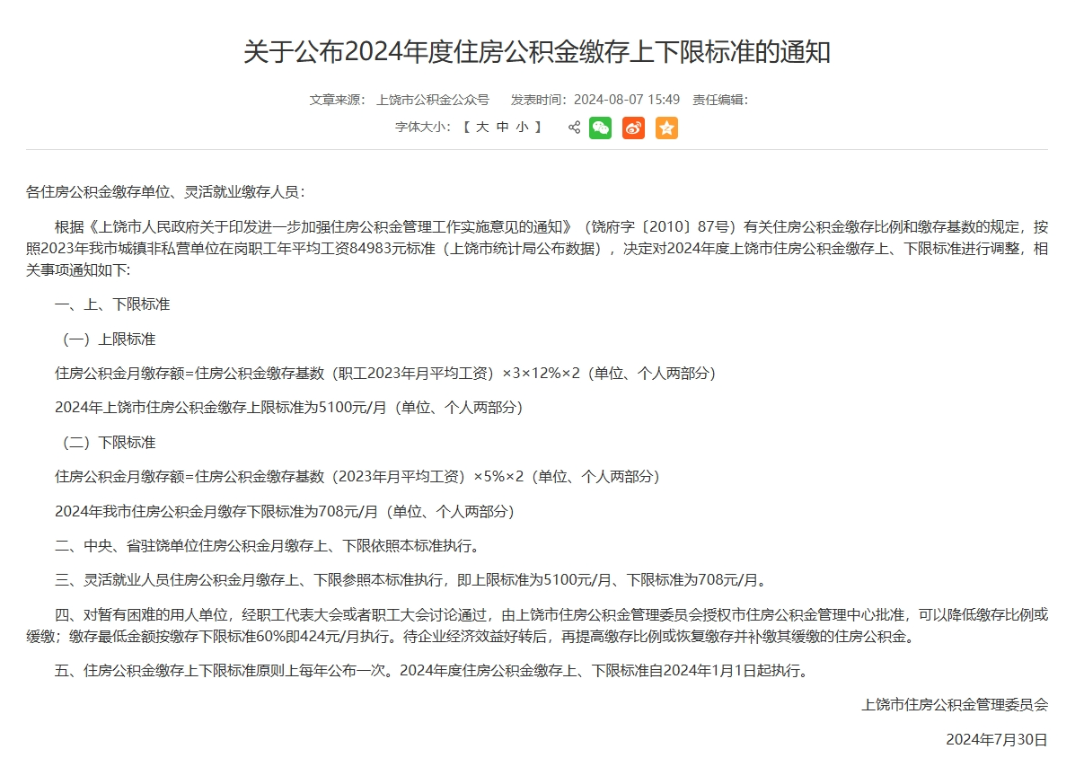 8月9日电，据“上饶市人民政府发布”8月8日消息，江西省上饶市住房公积金管理委员会调整上饶住房公积金部分使用政策。政策调整暂定试行期一年，从2024年7月22日至2025年7月21日止。调整上饶住房公积金贷款额度上限。对首次使用住房公积金贷款购房的在职职工，贷款上限调整为80万元，再次使用住房公积金贷款购房的在职职工，贷款上限调整为70万元，存贷比按照20倍执行。允许使用住房公积金贷款购房的三孩家庭或者购买装配式建筑住房、立体生态住宅的家庭，在贷款上限的基础上，贷款额度上浮20%。