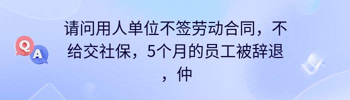 请问用人单位不签劳动合同，不给交社保，5个月的员工被辞退，仲裁的话可以得到什么补偿