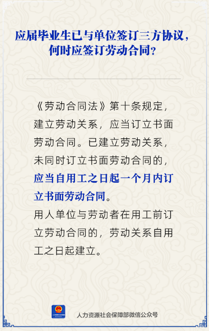 应届毕业生已与单位签订三方协议何时应签订劳动合同?