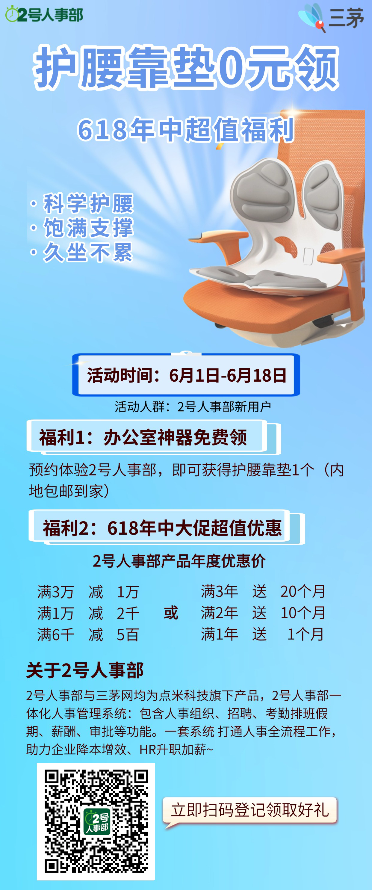 中小企业HR速抢！2号人事部618大促：免费领护腰靠垫+最高省万元，限时2天